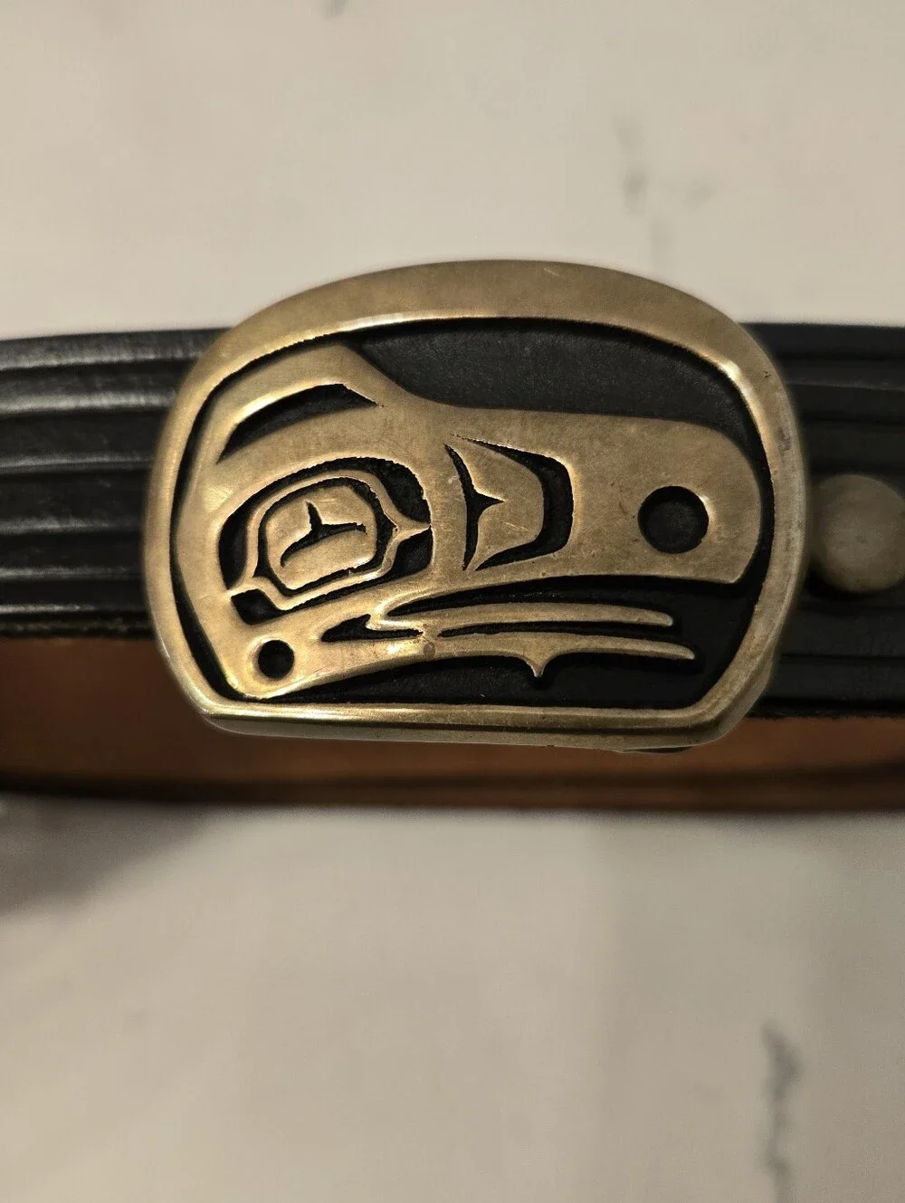 Vintage Rainbow Metals Black Leather Belt With Brass Native American Image